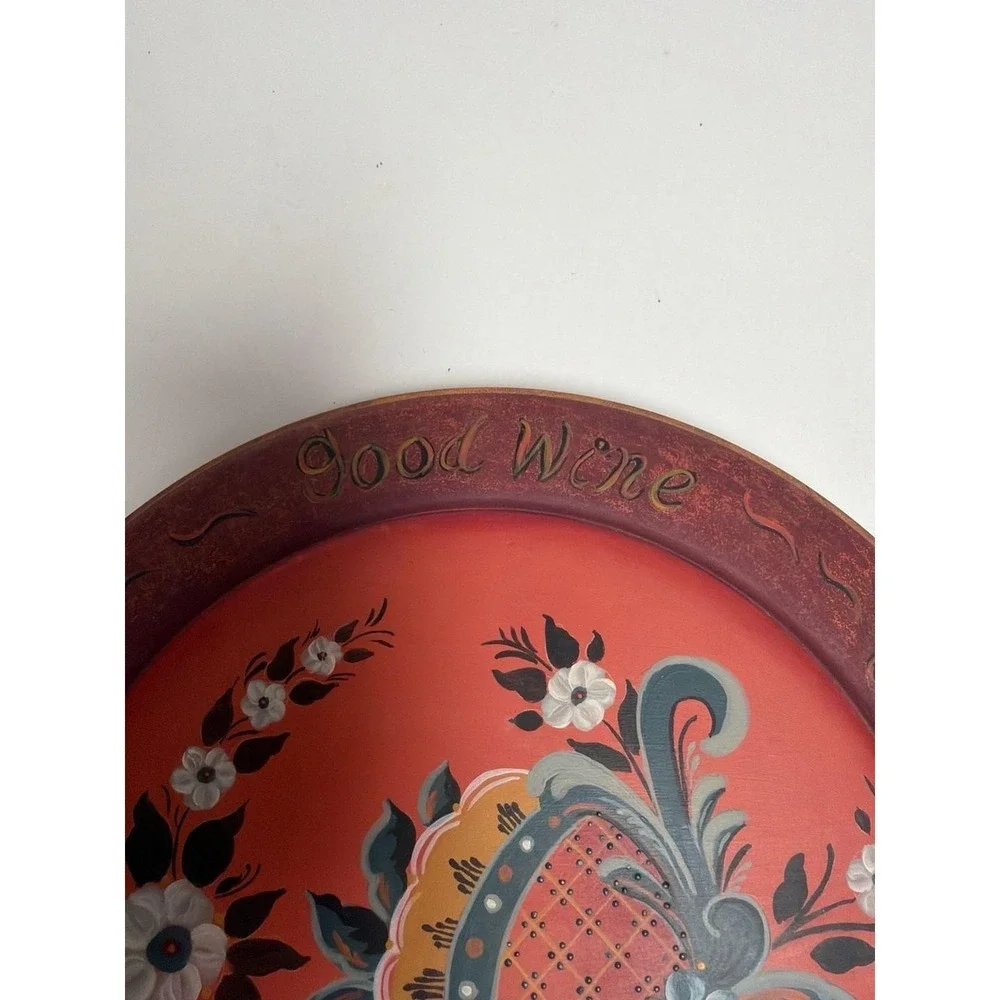 Vintage Hand-Painted Rosemaling Wooden Plate - Good Food, Good Wine, Good Friend